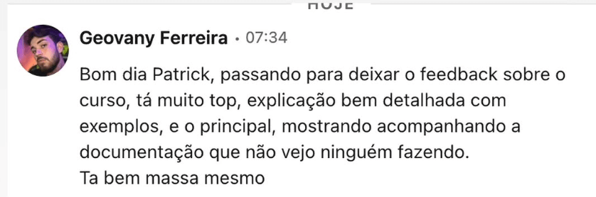 Feedback de aluno satisfeito com o curso