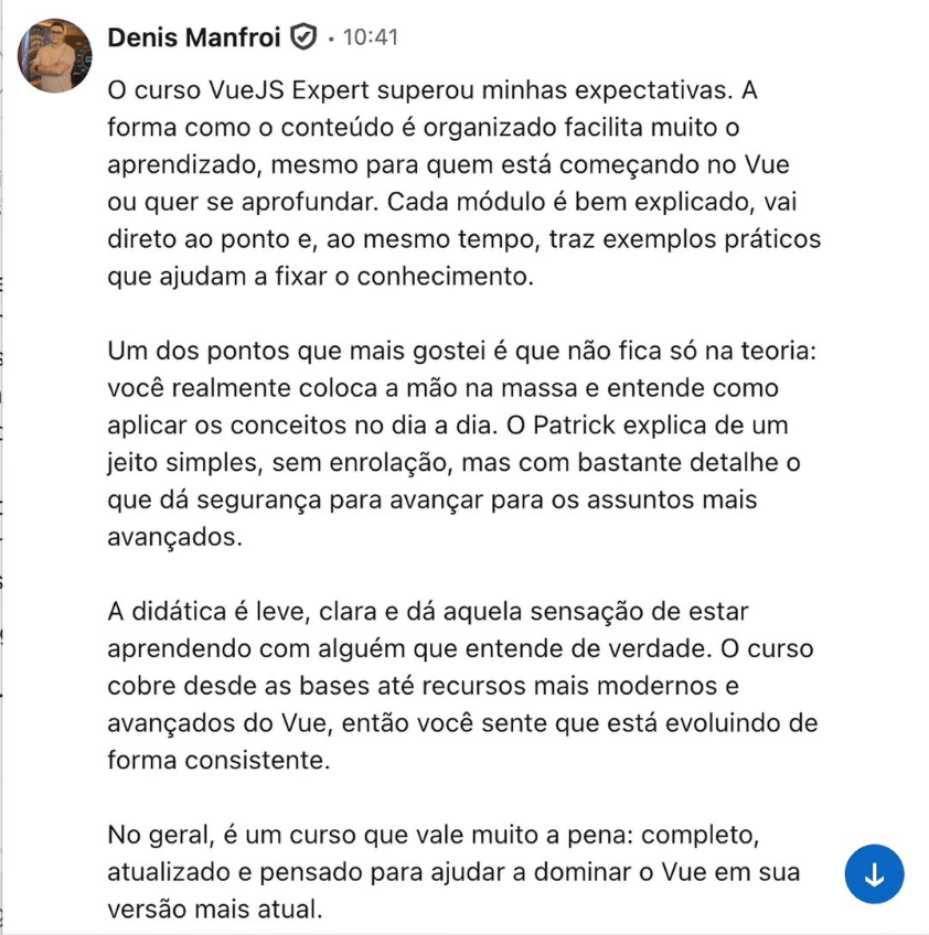 Depoimento positivo sobre o Curso Vue.js Expert